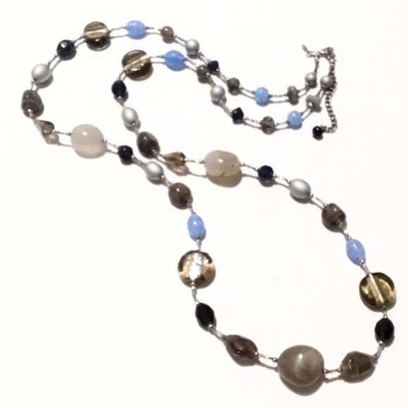 Premier Designs Long Glass & Seed Bead Necklace 40" Blue Gray Beige - Picture 6 of 7
